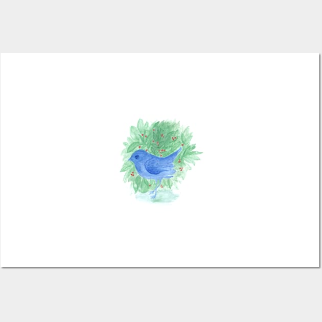 blue bird and shrub watercolor painting Wall Art by oknoki